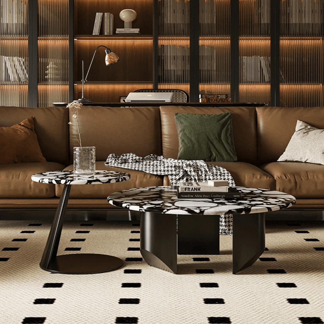 Round terrazzo coffee table set with black and white pattern, perfect for modern living rooms main product image