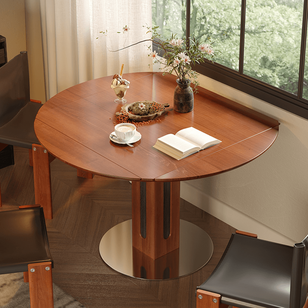 Foldable solid wood dining table that converts from square to round shape