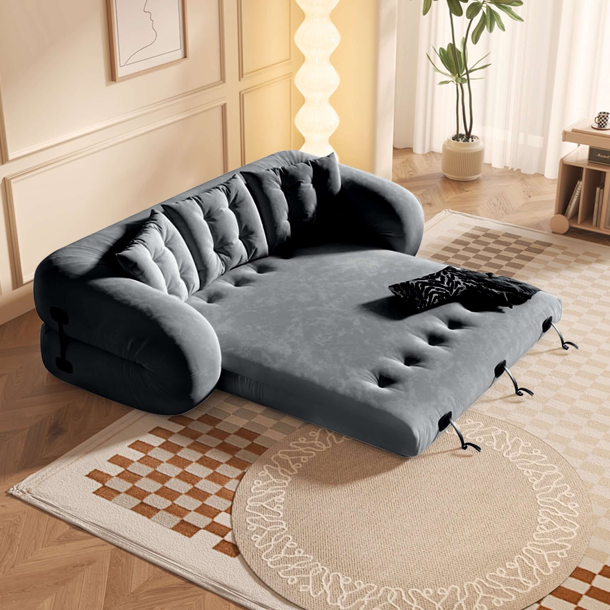 Velvet folding floor sleeper sofa bed with pet-friendly bean bag style design