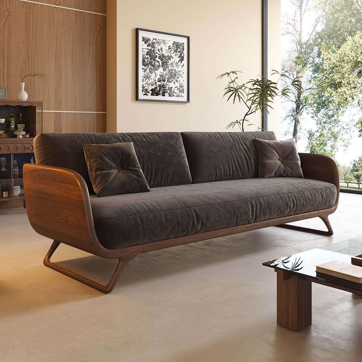 Cocochairs Modern Walnut Solid Wood Straight Sofa – Removable Cushions, Mid-Century 3-Seater Couch for Living Room