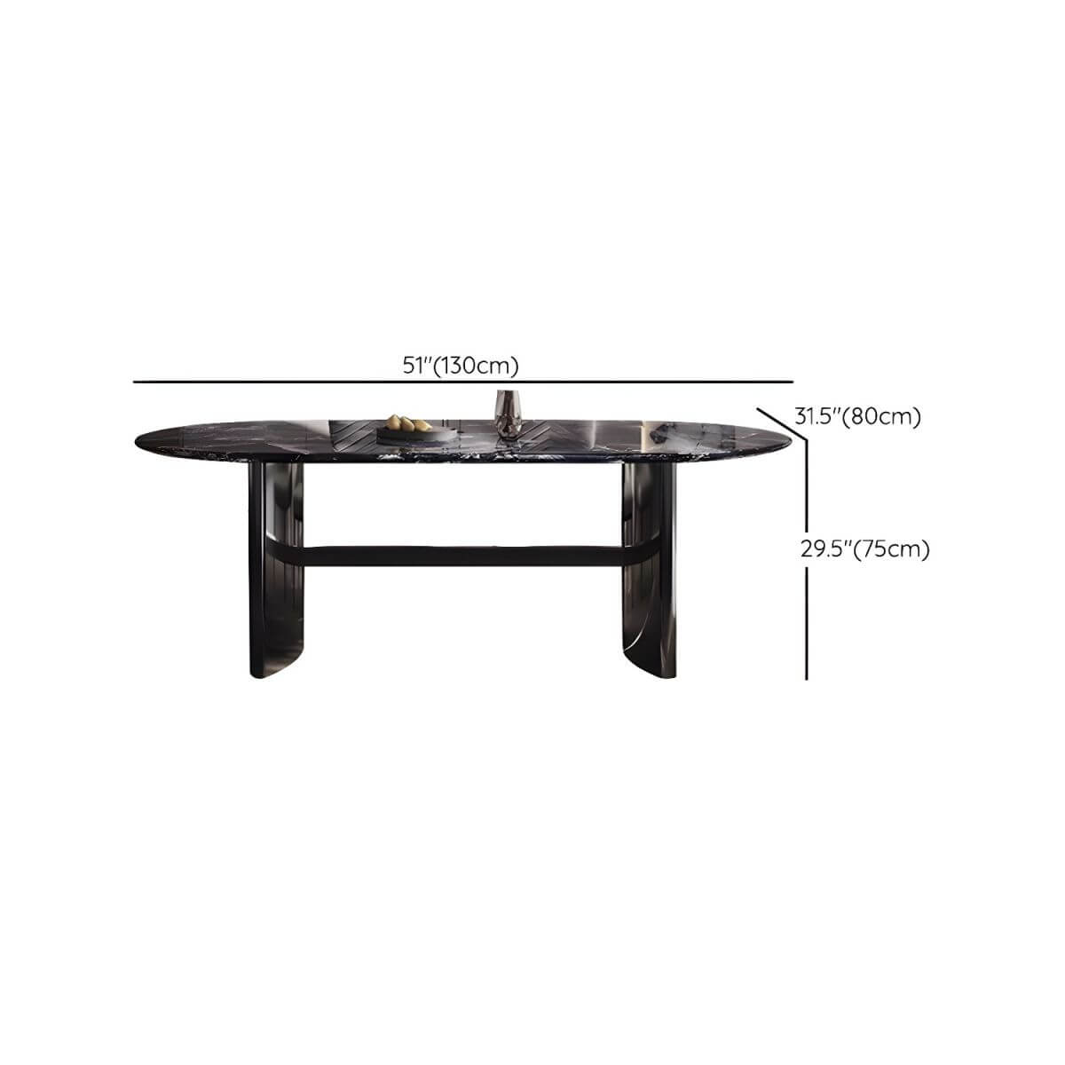 Oval dining table with black marble top and trestle metal base, modern dining room set