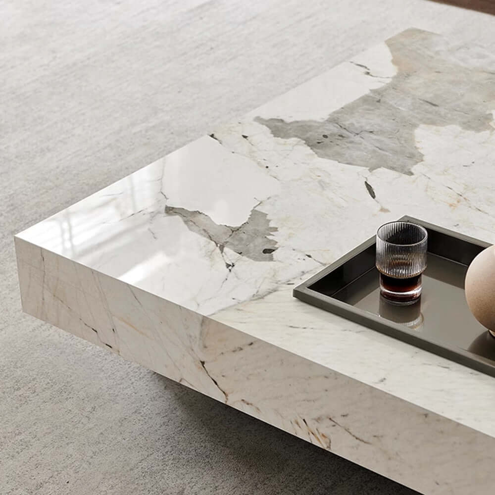 Square coffee table with luxury marbled top and sturdy metal legs