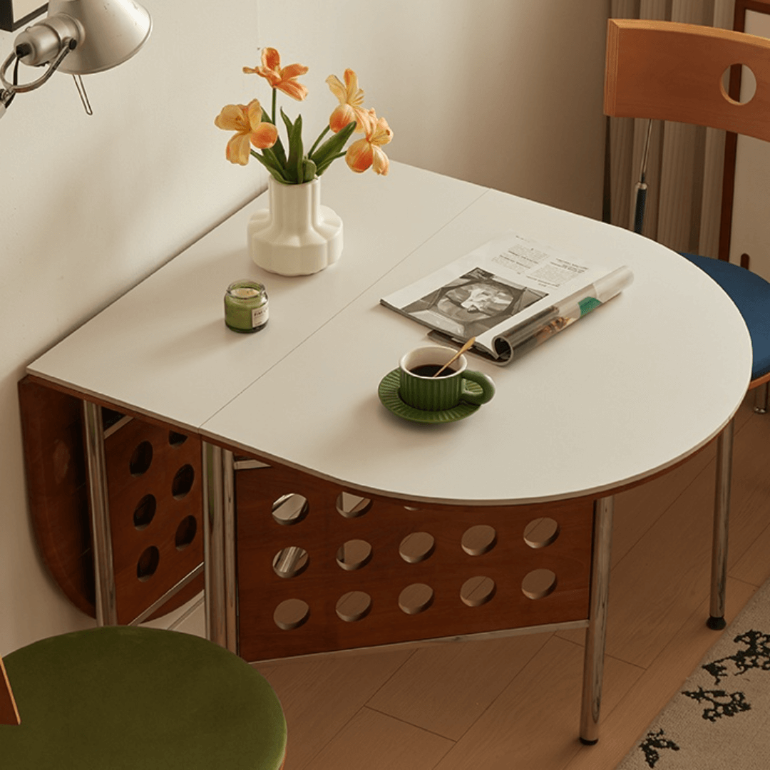 Retro-style dining table with smooth edges, perfect for family meals and work