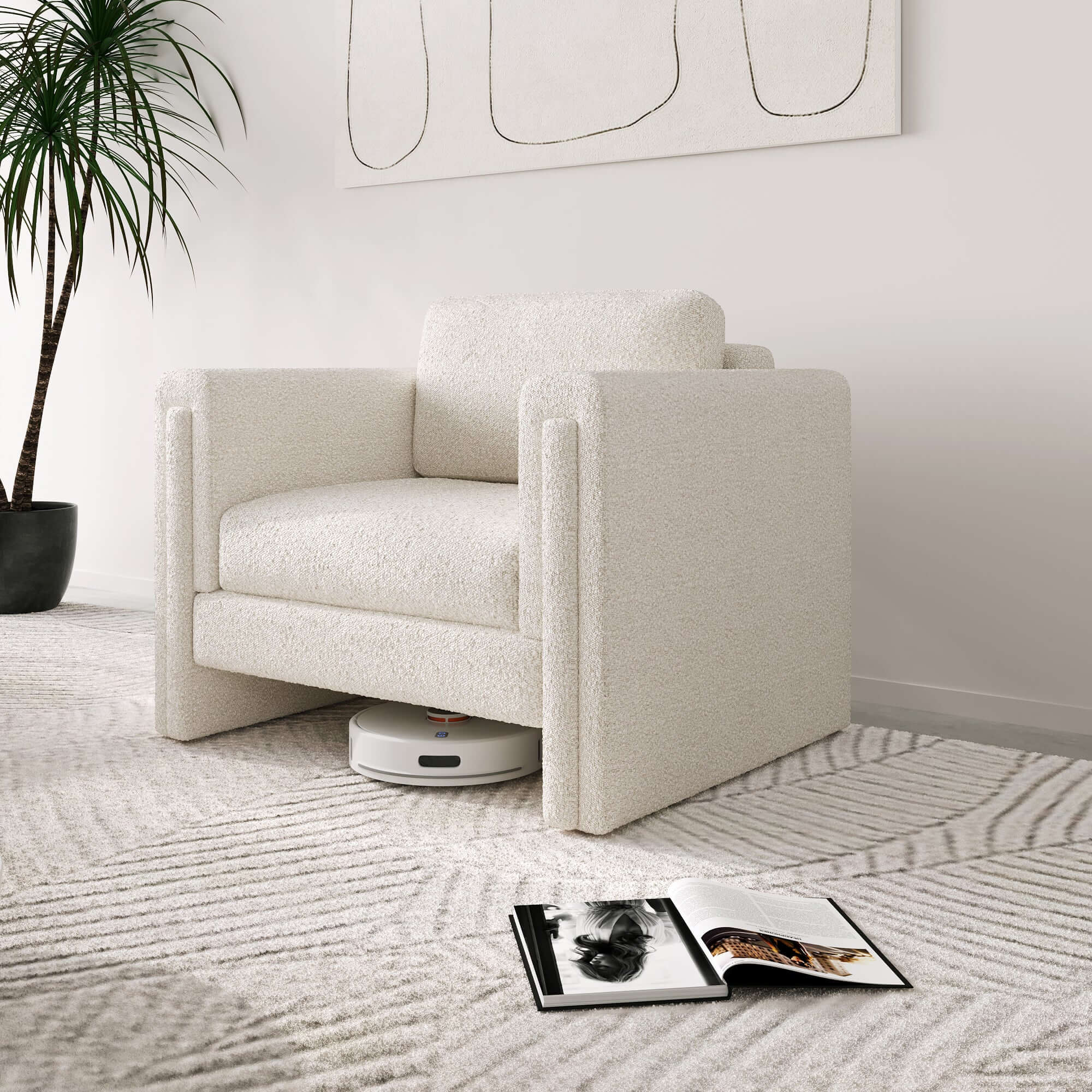 Modern single upholstered sofa armchair in teddy fabric or cotton linen blend