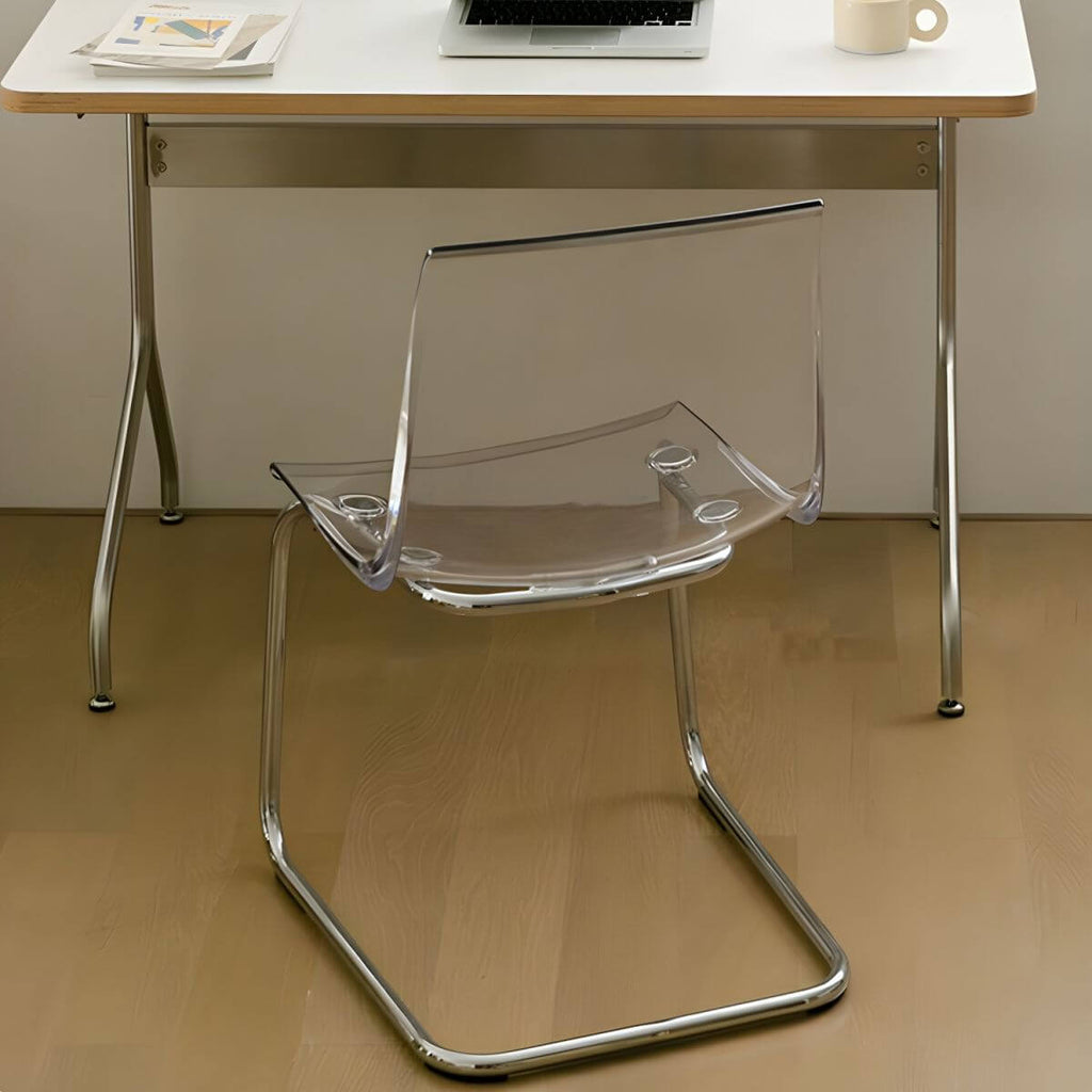 Scandinavian style plastic and acrylic dining side chair with silver legs, non-upholstered design