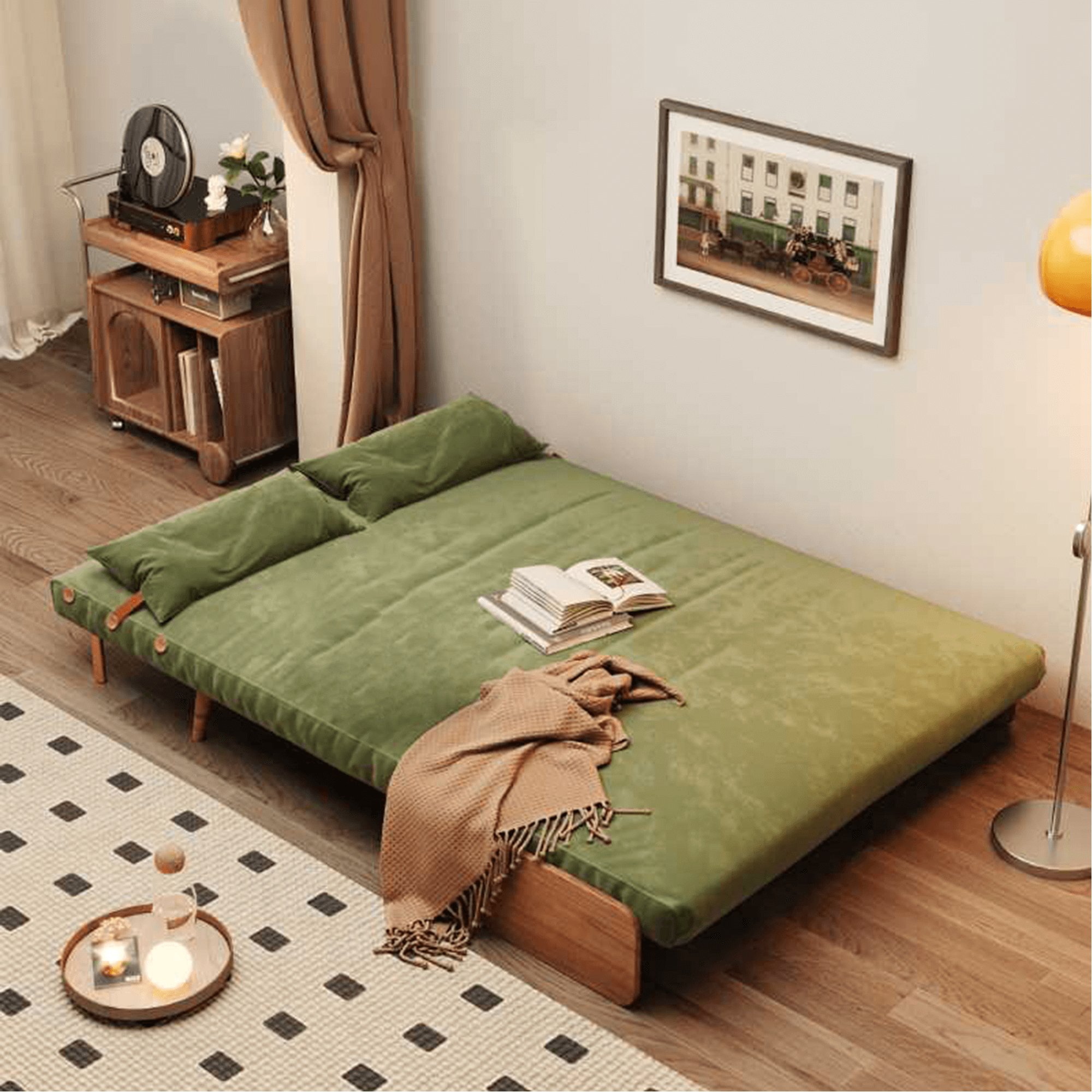 Beige and brown convertible foldable sofa upholstered in tech fabric for versatile living spaces