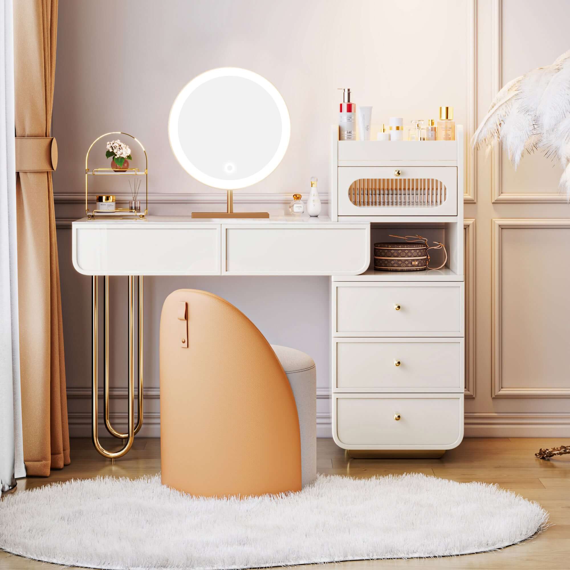 White makeup vanity with jewelry storage and multiple drawers for elegant organization