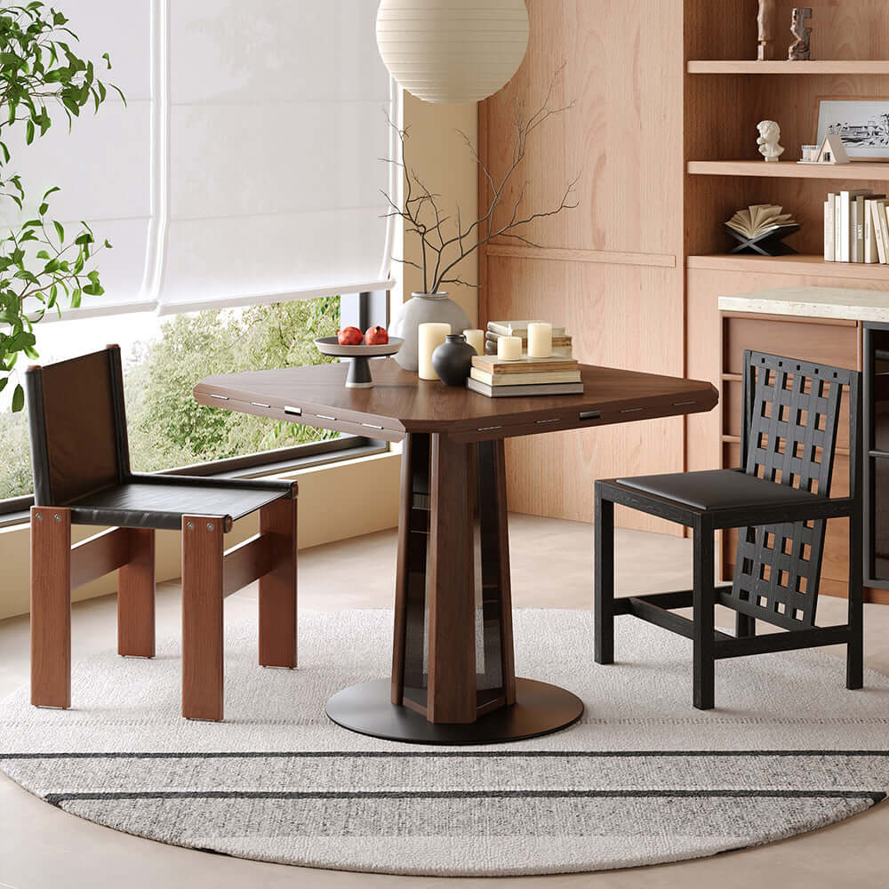 Extendable Nordic style solid wood dining table with foldable square and round design, featuring LED light
