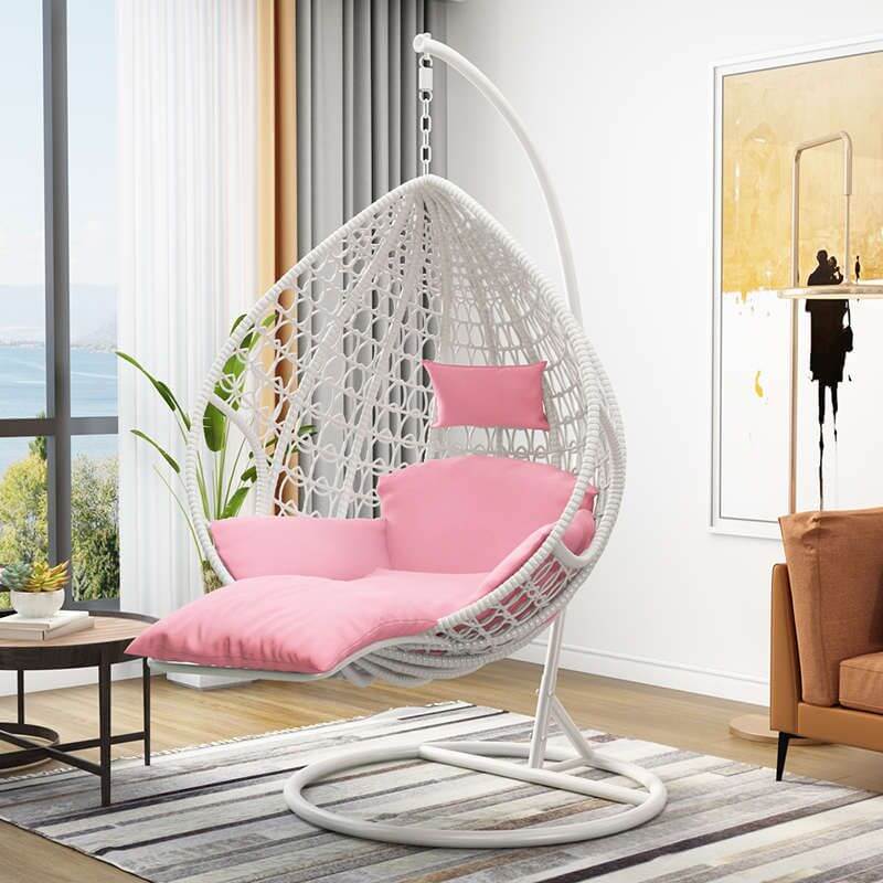 Magenta and sepia porch swing egg chair with alloy stand, chain, cushions, and 2-person seating