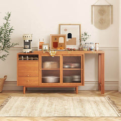 Folding Dining Table Sideboard in One with Glass Sliding Doors and Storage Drawers