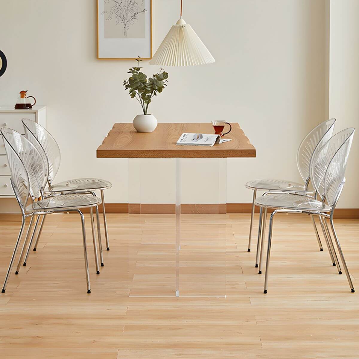 Scandinavian style stackable armless side chair made of plastic and acrylic for dining