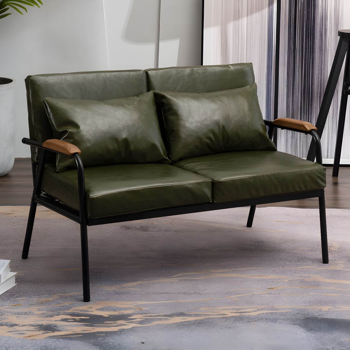 Mid century modern 2-seater sofa with black metal frame and solid wood arms