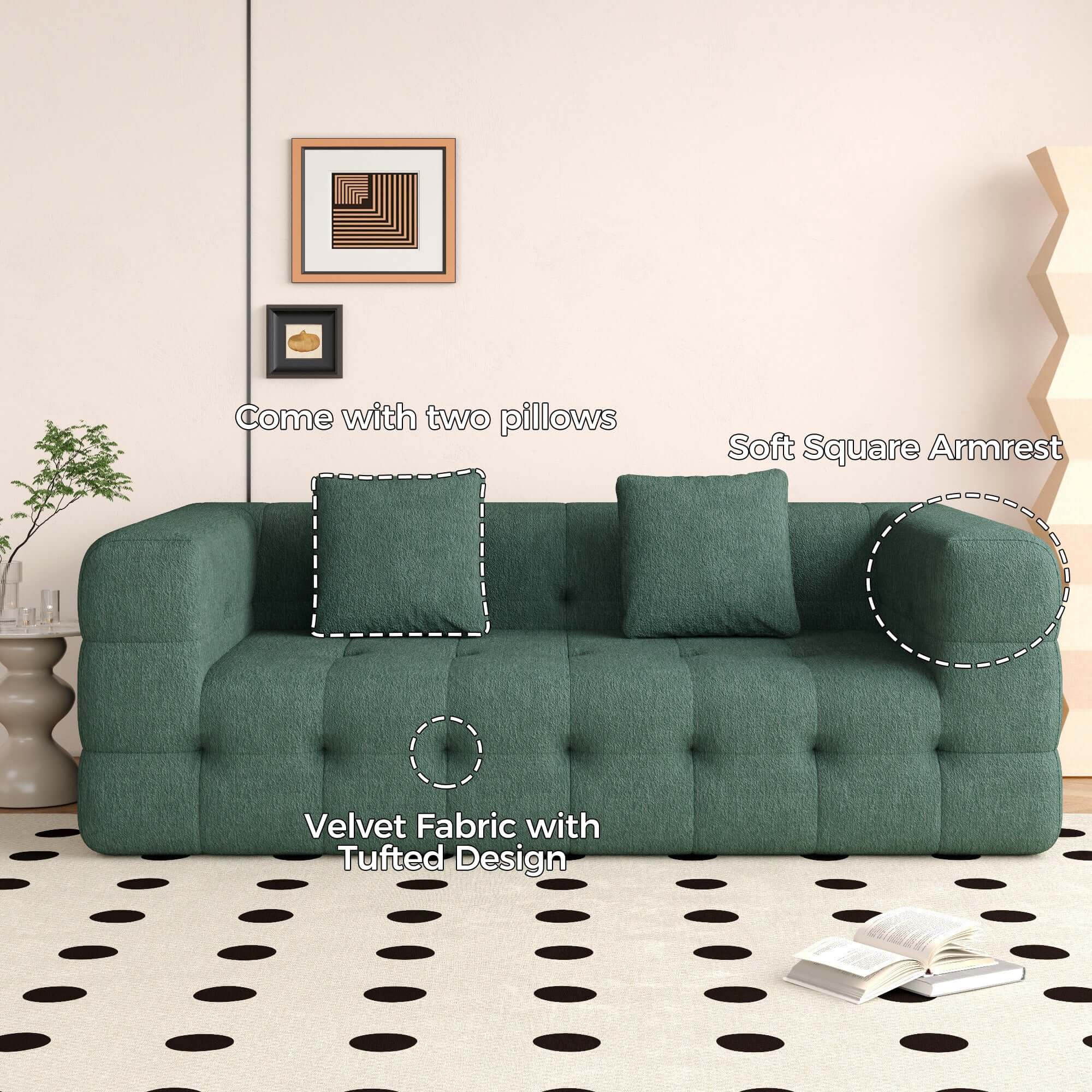 Green love seat sofa upholstered in soft chenille velvet fabric, perfect for modern living rooms