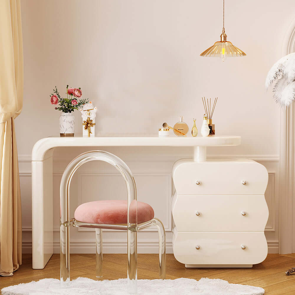 White makeup vanity featuring an adjustable side cabinet with three drawers for storage