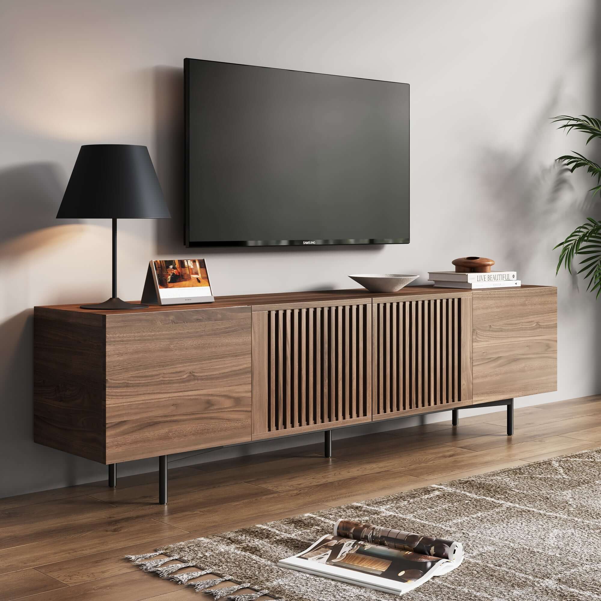 Minimalist slatted TV stand media console with four-door storage for living room organization