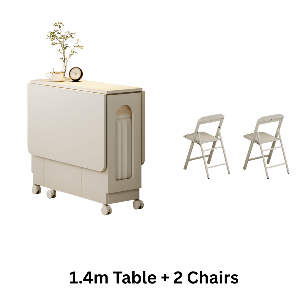 Cream foldable dining table with wheels, minimalist design, easy to assemble