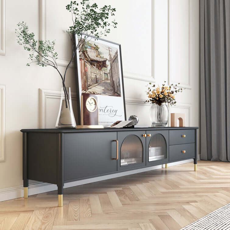 Modern wood TV stand cabinet featuring a glass door for stylish storage and display