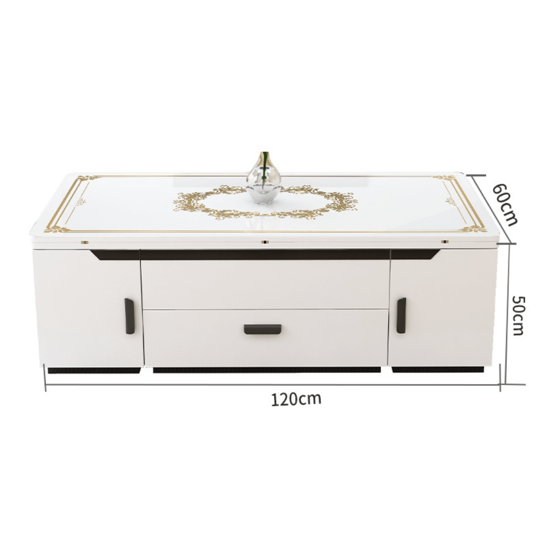 White lift-top coffee table with storage and stools, perfect for compact living spaces