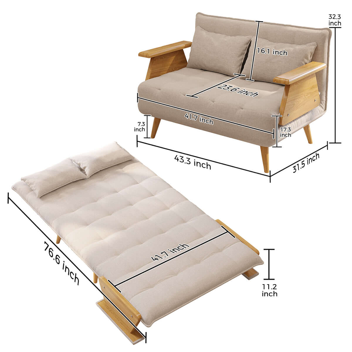 3-in-1 folding sofa chair bed with armrests, available in three sizes for versatile seating and sleeping