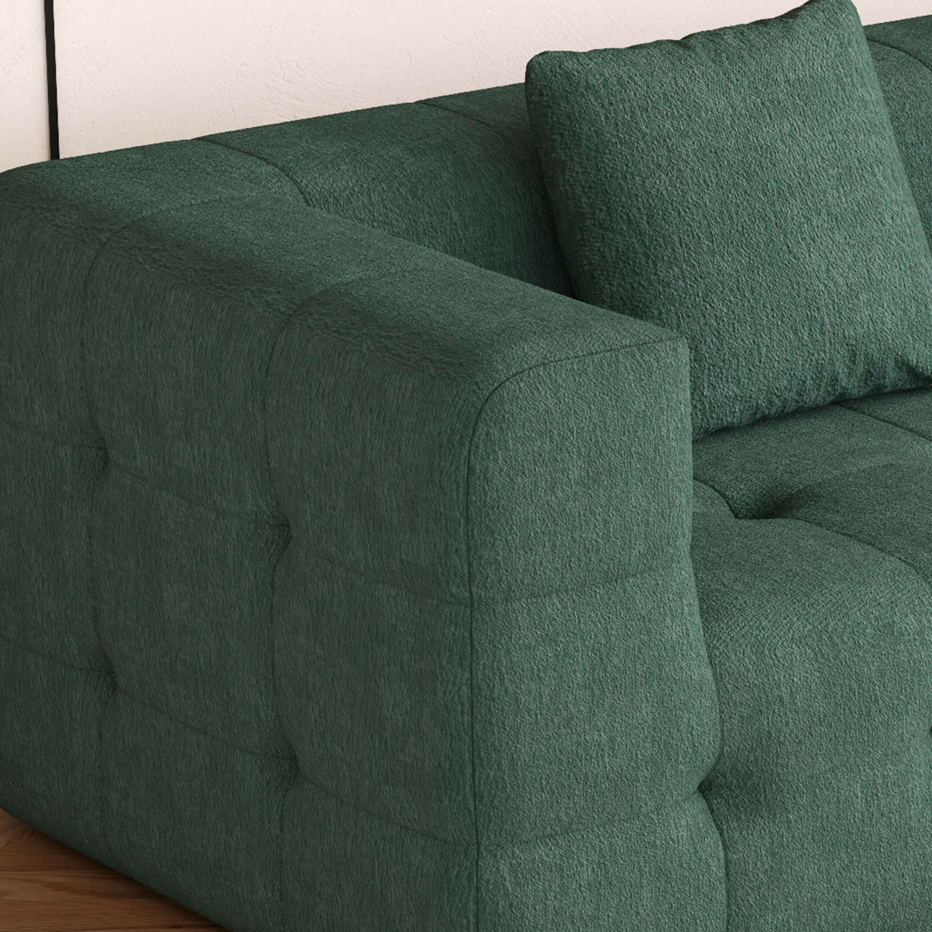 Green love seat sofa upholstered in soft chenille velvet fabric, perfect for modern living rooms