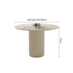 Round terrazzo dining table with soft wool upholstered chairs for a trendy home setup