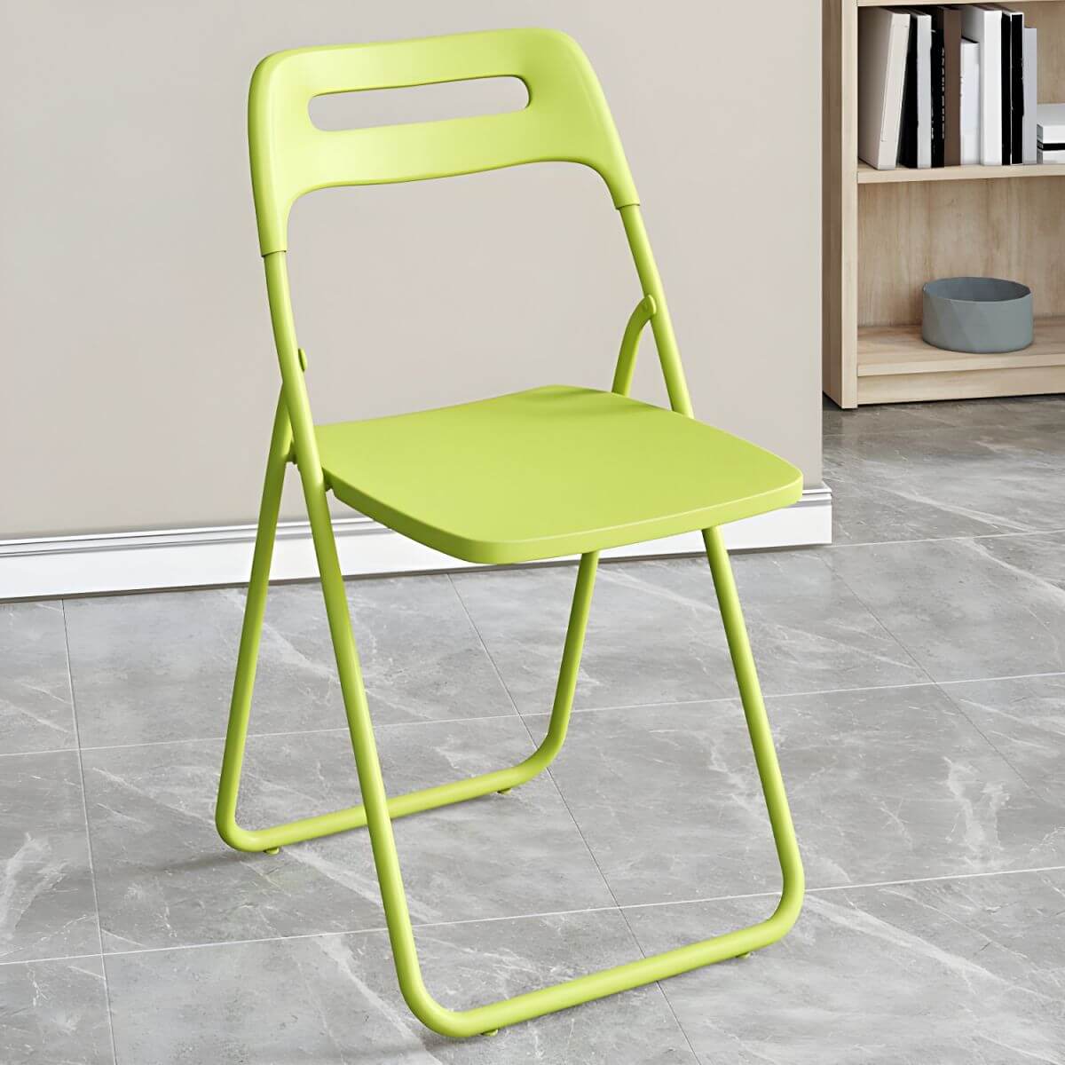Modern collapsible open back side chair made of plastic and acrylic, ideal for kitchen and dining areas