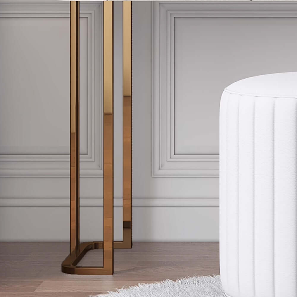 Beige dressing table set with drawers, stool, and mirror for makeup and vanity