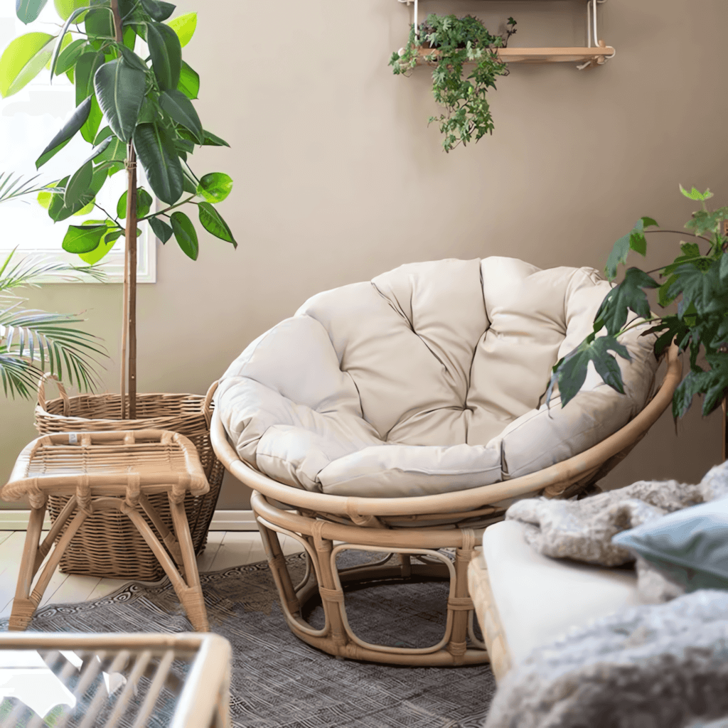 Cozy natural rattan papasan chair available in single or double size for comfortable lounging