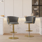 Set of 2 gray swivel bar stools with velvet curved back and adjustable height main product image