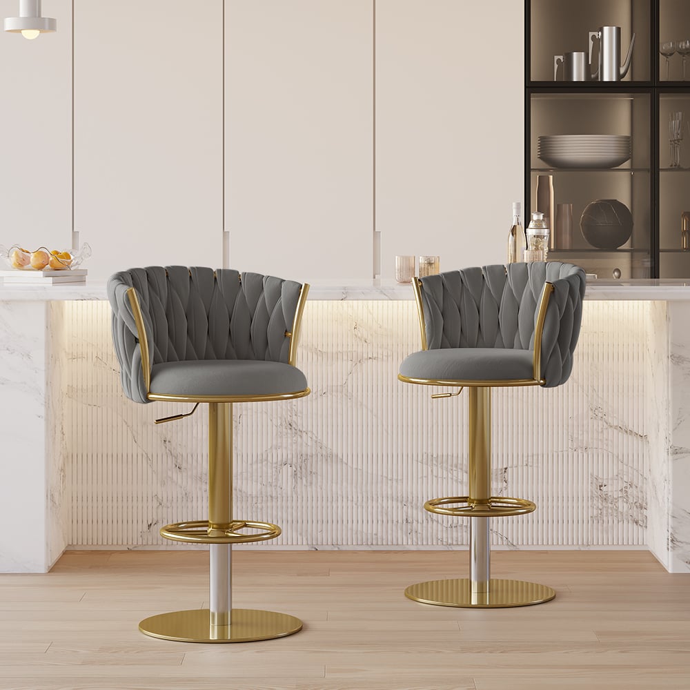 Set of 2 gray swivel bar stools with velvet curved back and adjustable height main product image