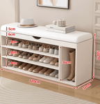 Modern white and orange shoe bench with upholstered seat and space-saving storage