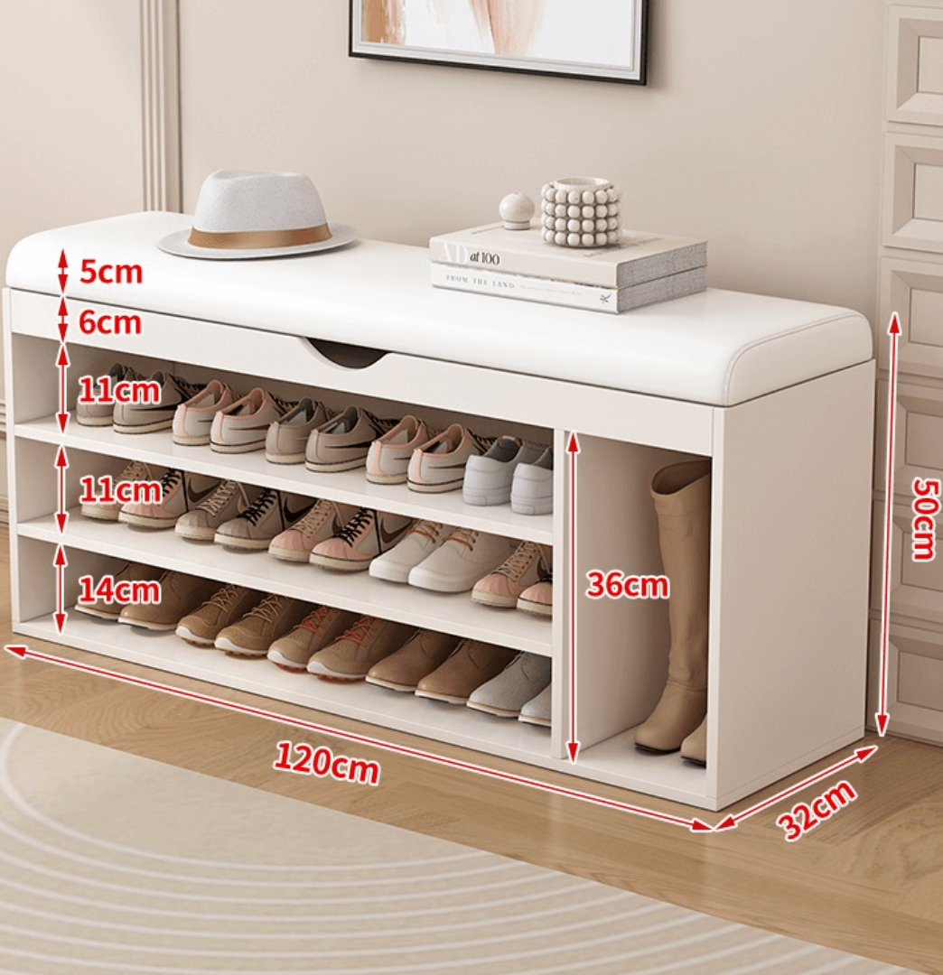 Modern white and orange shoe bench with upholstered seat and space-saving storage
