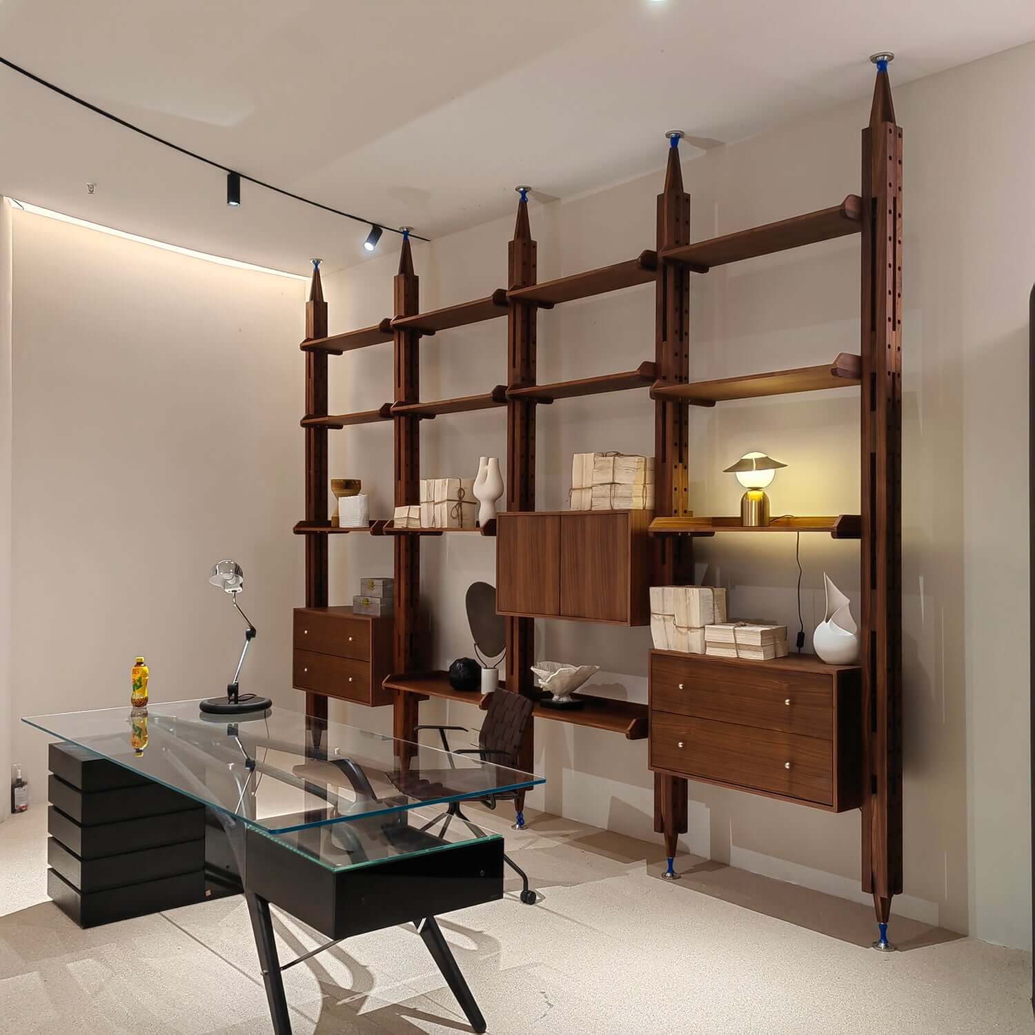 Mid-century modern floor-to-ceiling bookcase with sleek design and ample storage space