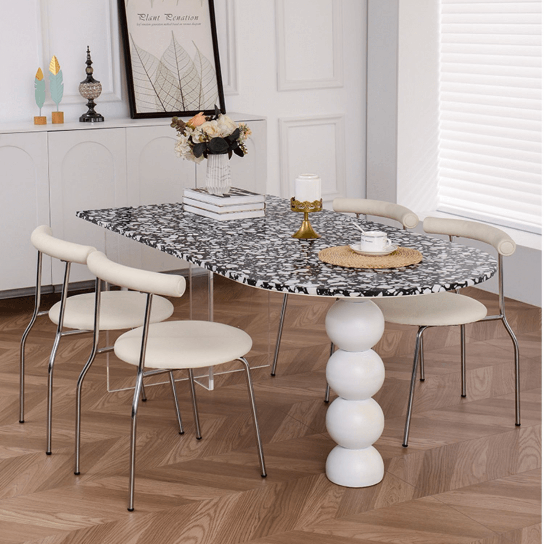 Half-elliptical terrazzo dining table with multicolor mosaic design, durable and stylish