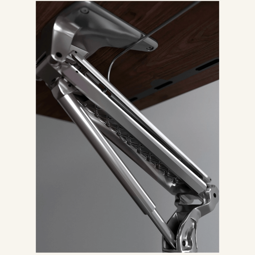 Mobile ergonomic standing desk with premium aluminium alloy frame and warm wood finish