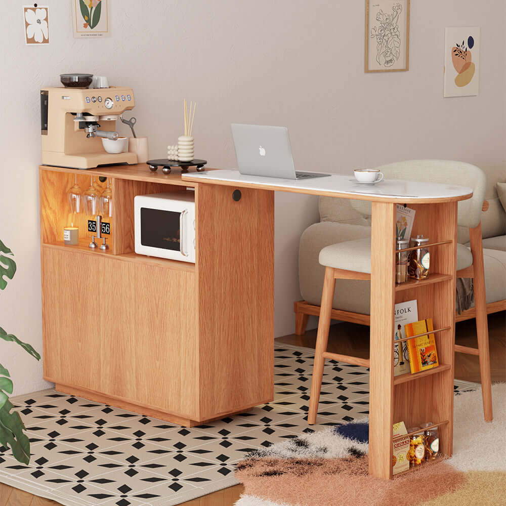 Expandable solid wood bar table featuring a mobile island for versatile use