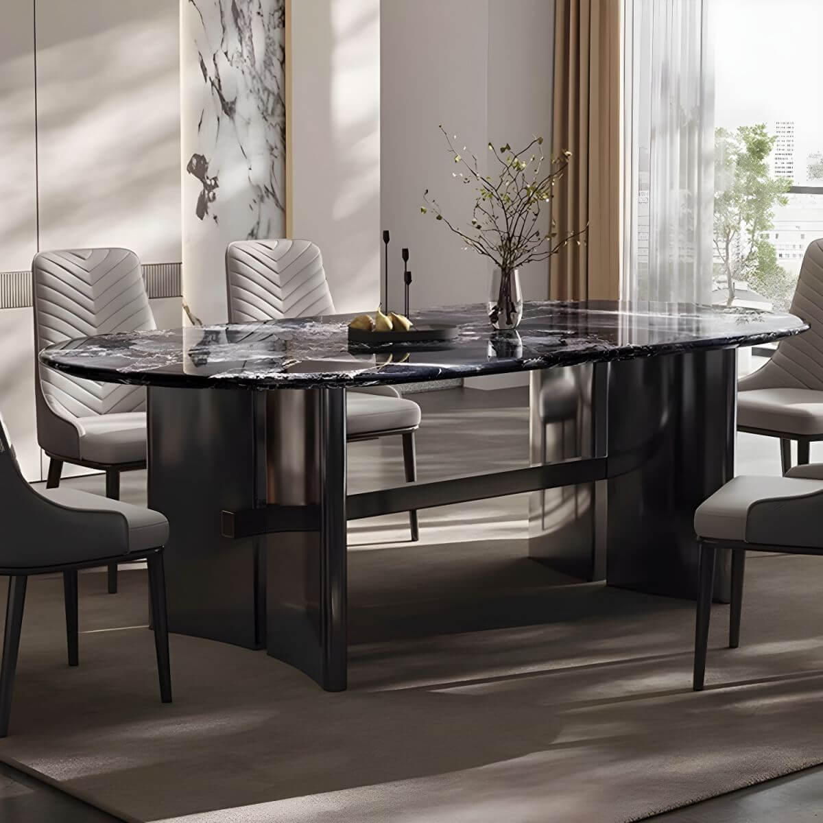 Oval dining table with black marble top and trestle metal base, modern dining room set