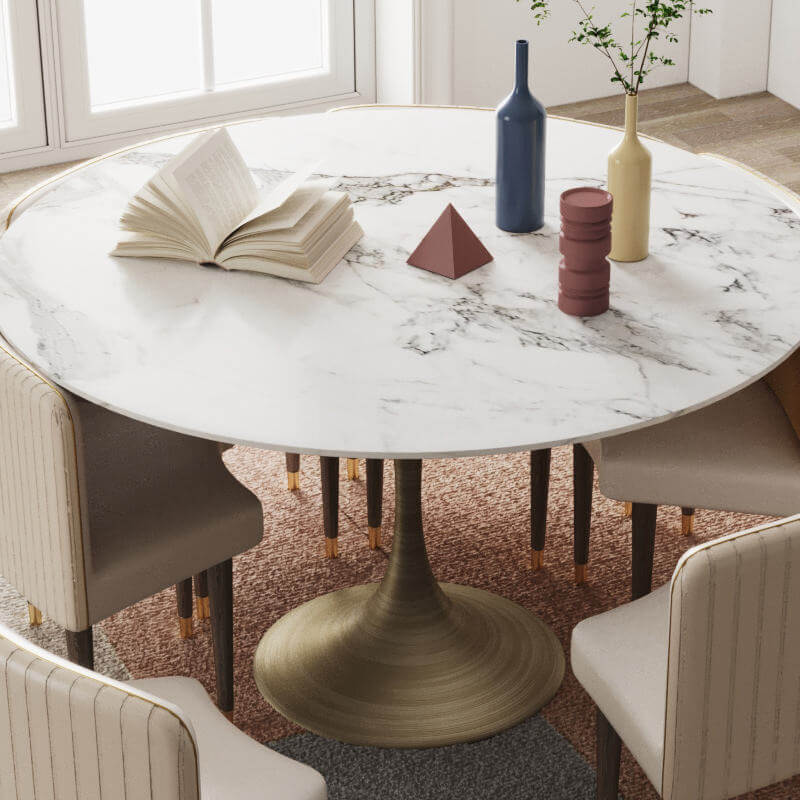 Round dining table and chair set featuring a durable sintered stone tabletop for luxury dining
