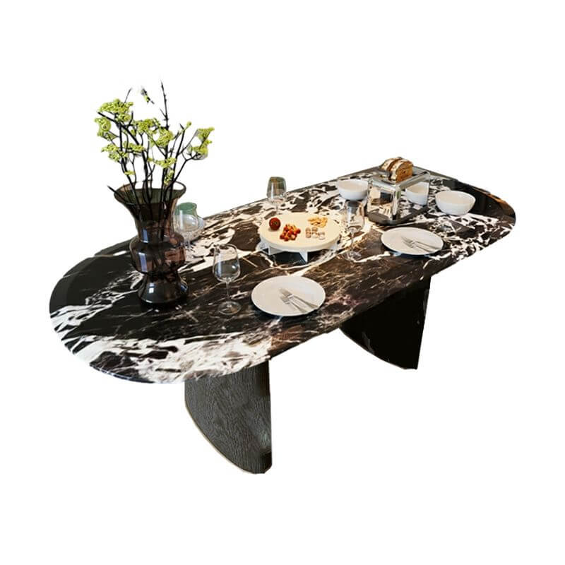 Modern oval black marble dining table with double pedestal base for stylish dining rooms