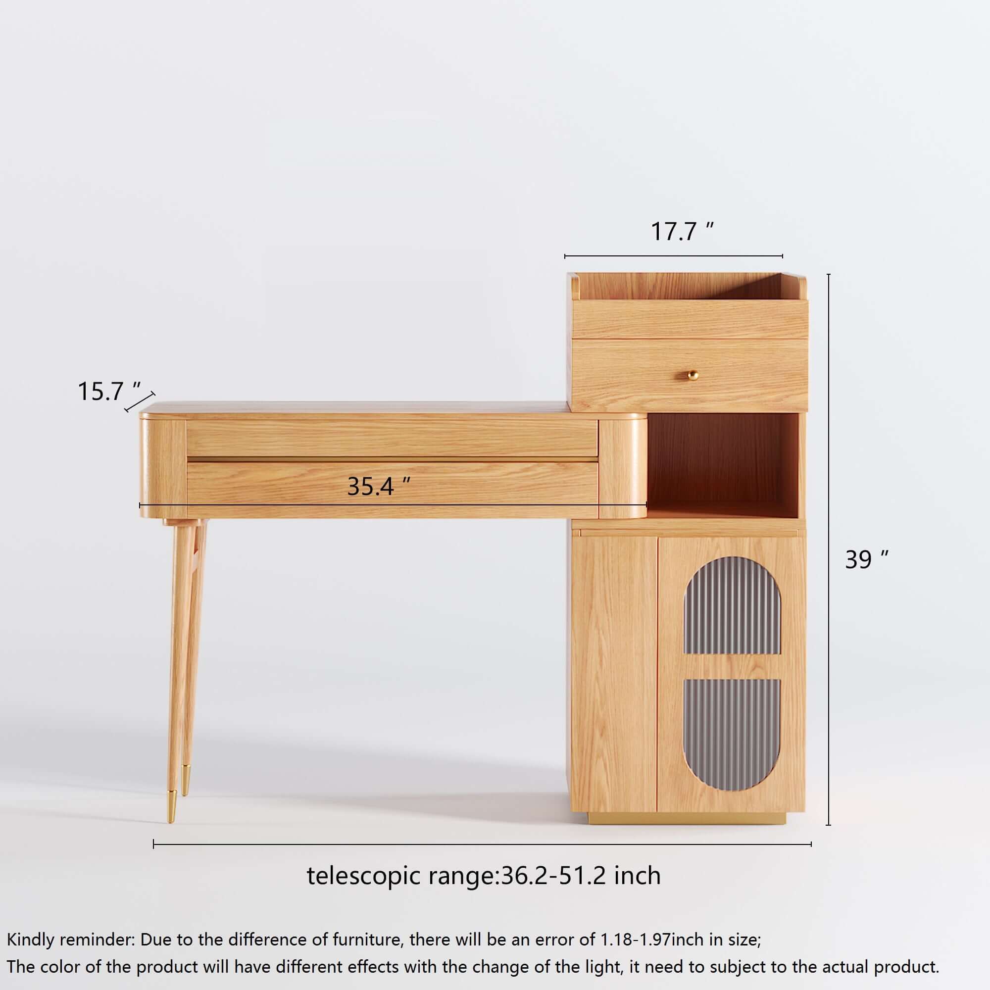 Large wooden makeup vanity table with side cabinet and spacious drawers for storage
