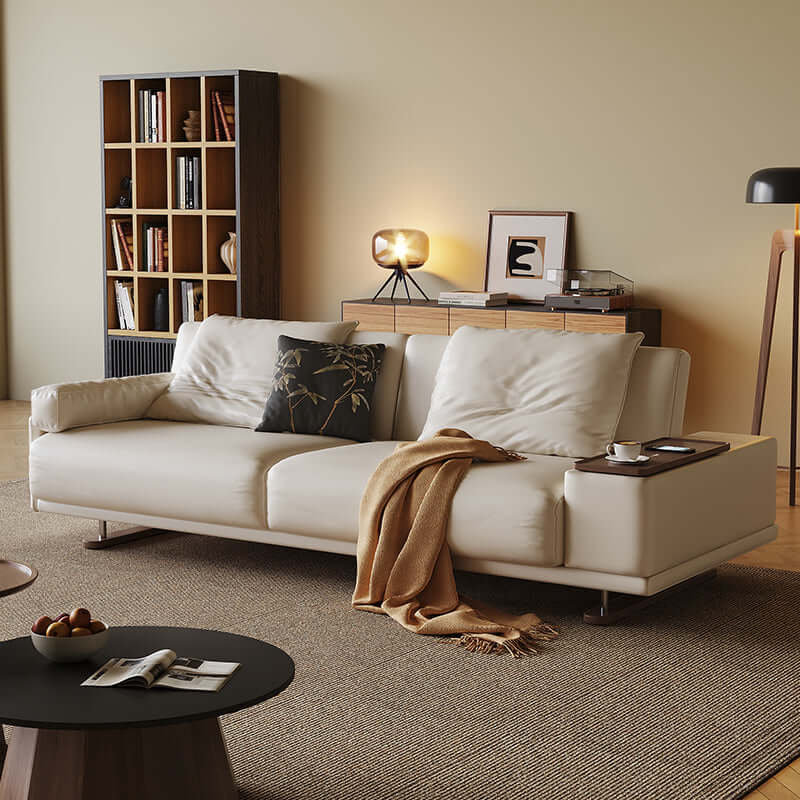 Modern minimalist folding sofa bed with reversible armrests and adjustable side table for versatile living spaces
