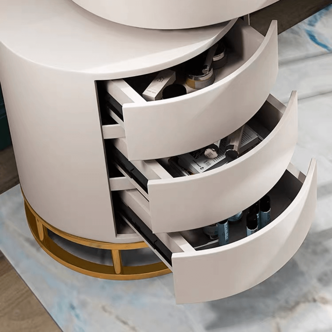 Makeup vanity set with extendable dressing table, side cabinet, mirror, and chair in white, pink, green, and blue