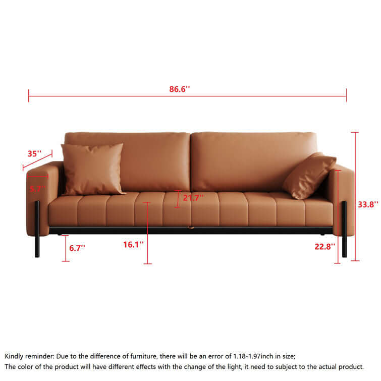 Brown leather loveseat sofa bed with modern square arm design, 86.6 inches wide