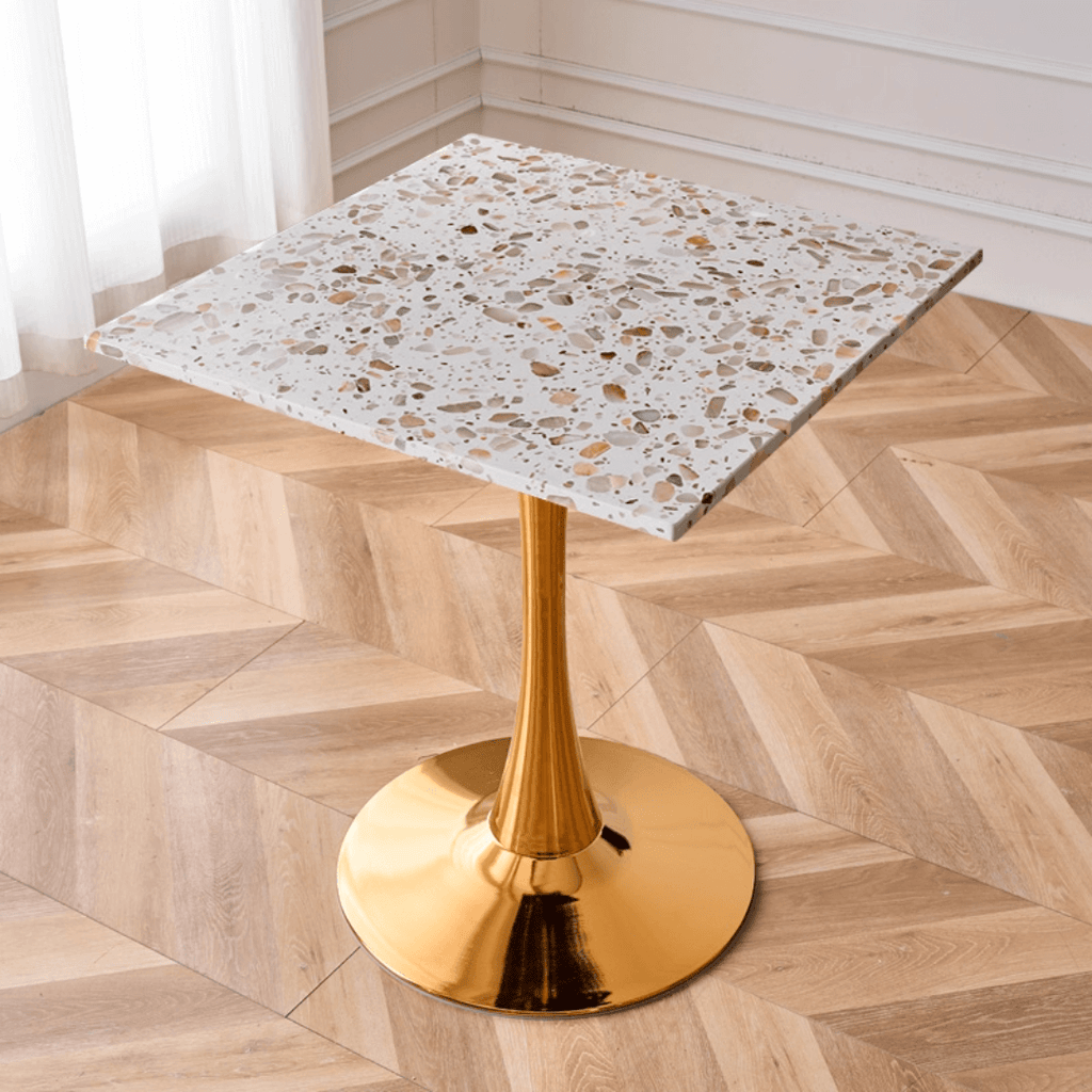 Modern marble table with sturdy metal base, perfect for adding a timeless aesthetic to any space