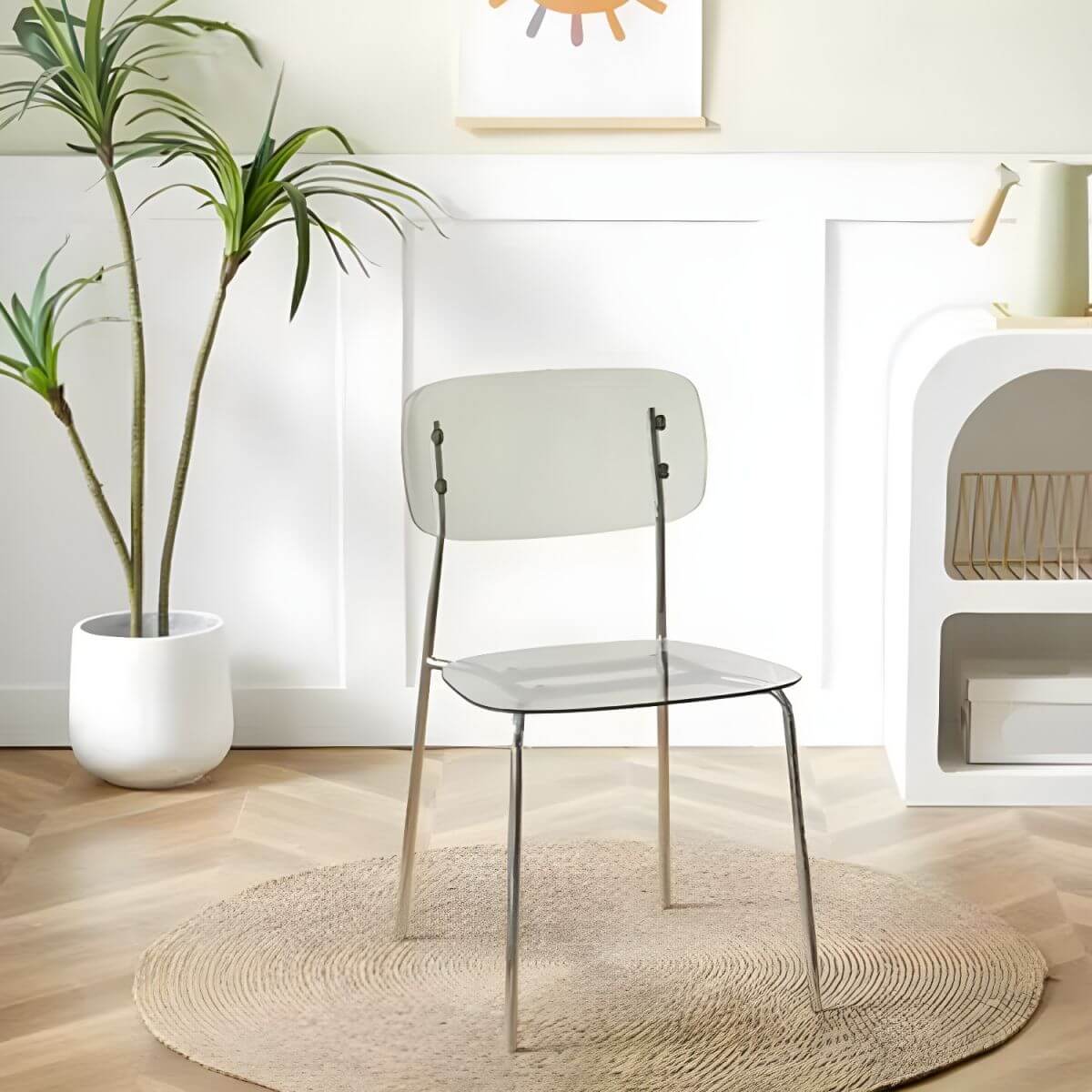 Transparent acrylic dining chair with modern design, perfect for living room and kitchen seating