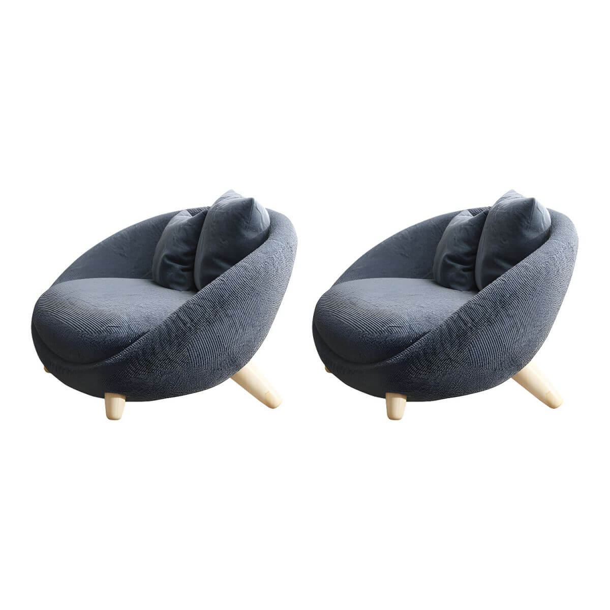 Scandinavian papasan chair with fixed back, sloped arms, cotton blend fabric, and 2 pillows