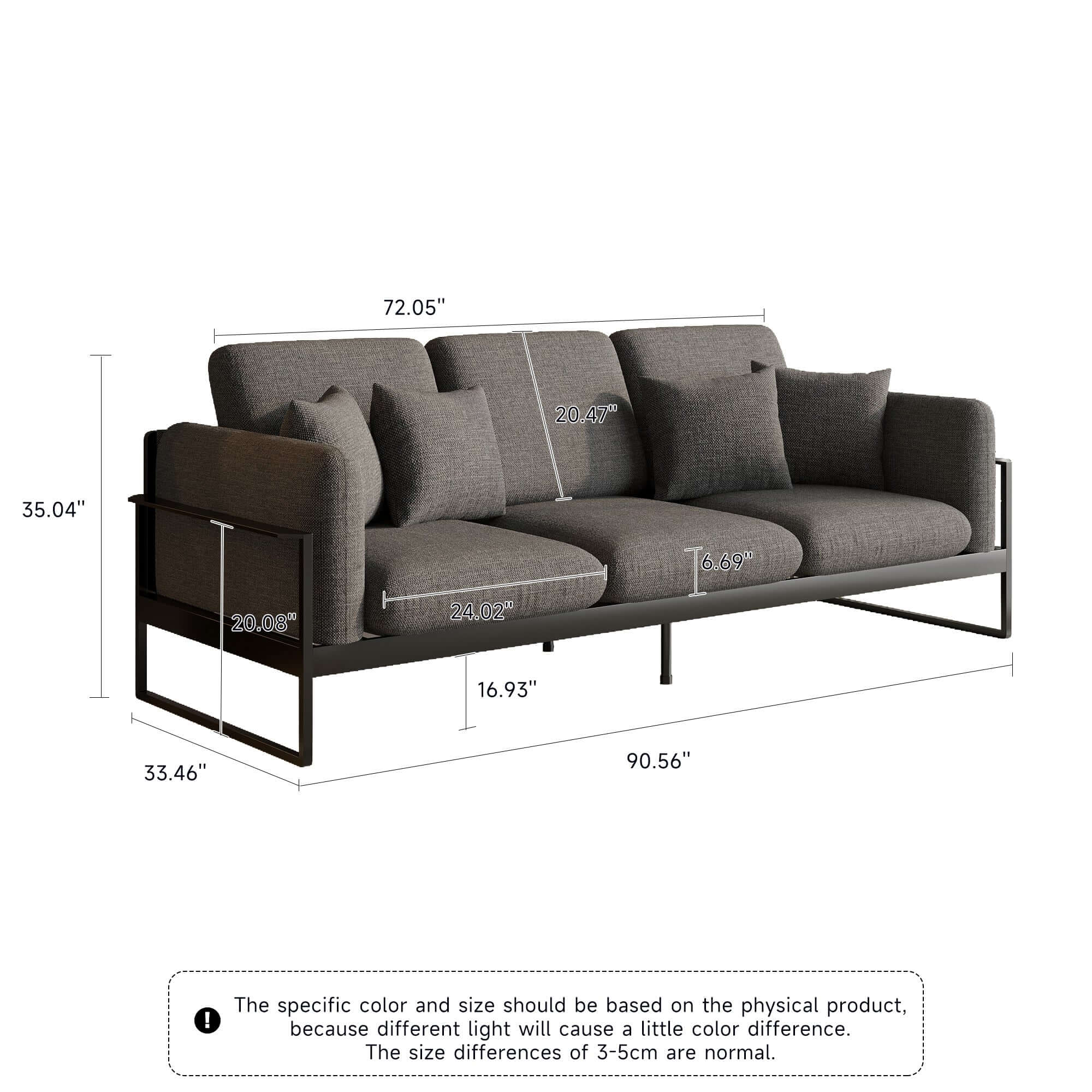 Modern upholstered sofa with metal frame, measuring 90.56 inches, perfect for stylish living rooms