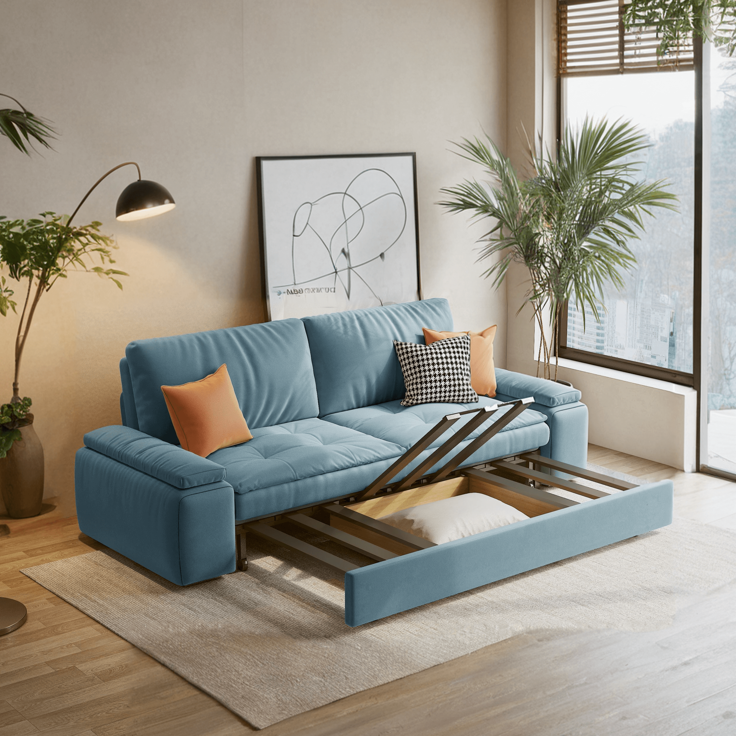 Convertible sleeper sofa bed with storage and pull-out design for modern living spaces