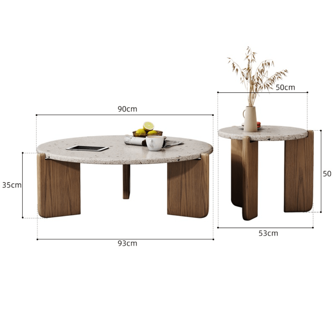 Round Nordic-inspired terrazzo coffee table with quality wooden legs, perfect for modern living rooms