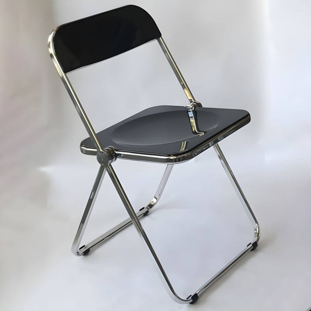 Scandinavian style dining chair with silver metal legs and plastic acrylic seat